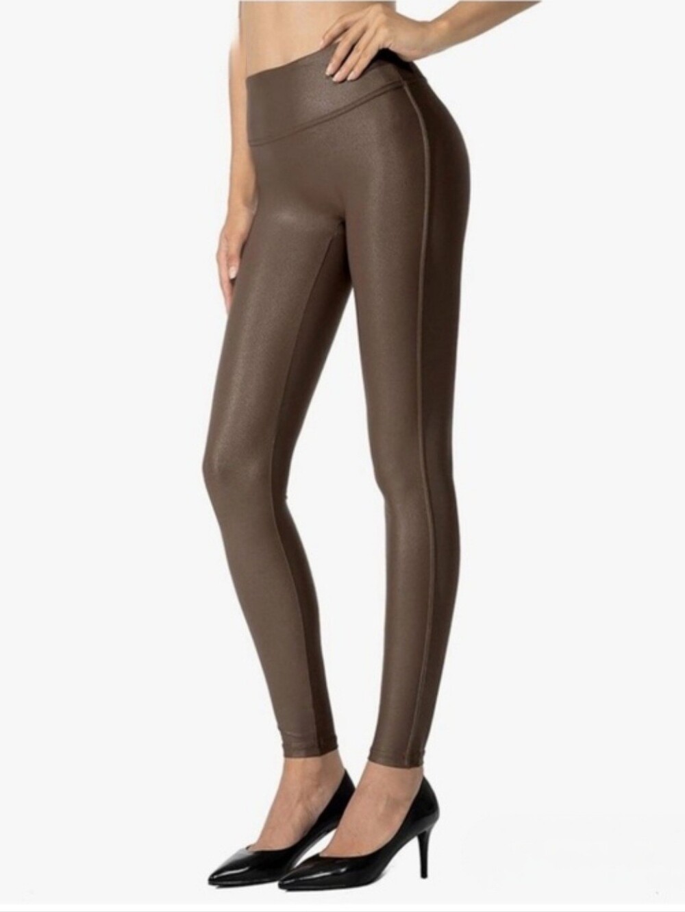 Santiny Faux Leather Like Leggings Shaping Brown Skinny Slimming Moto Brown LG